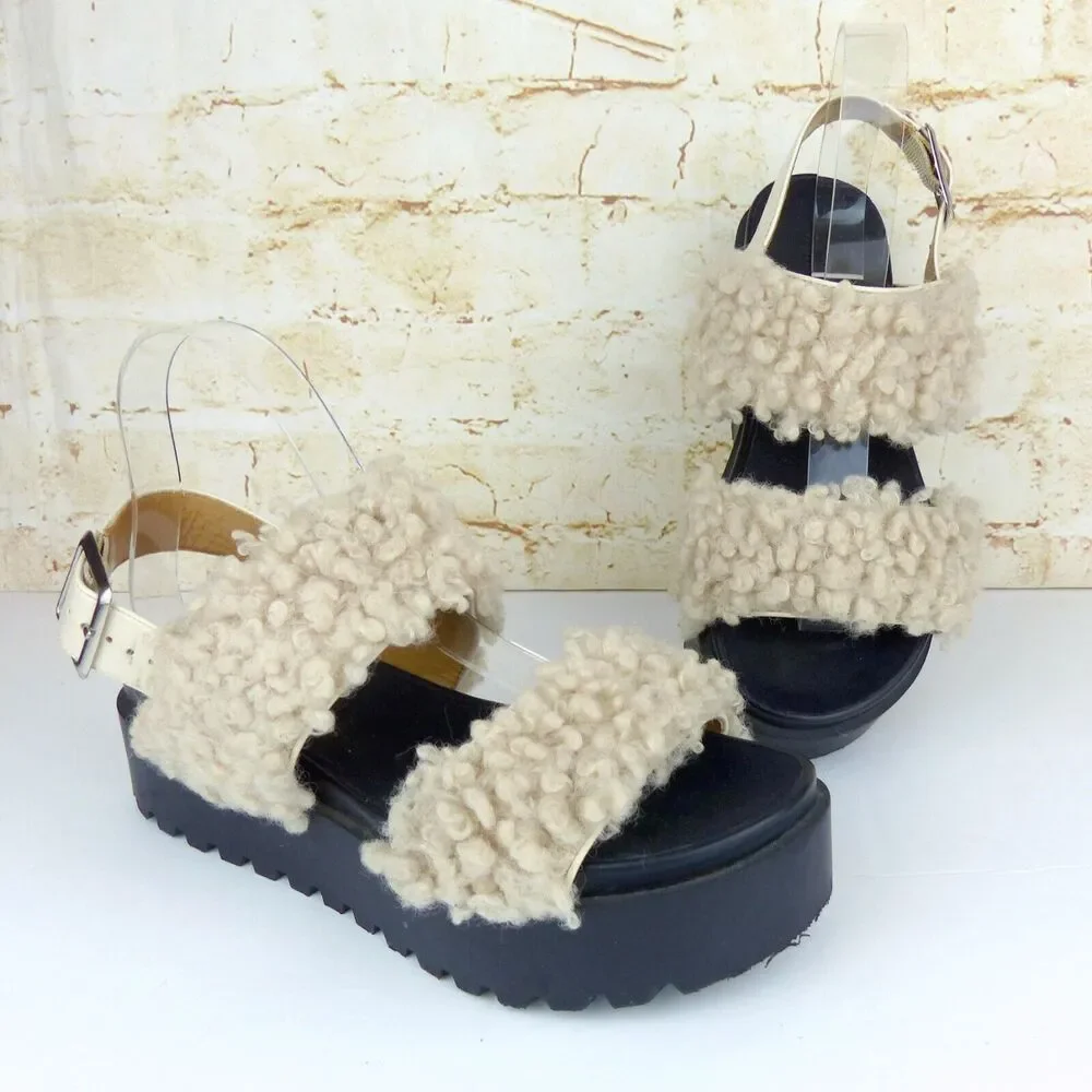 Urban Outfitters Sandal Womens 7 Beige Lexi Faux Sherpa Straps Platform Gorpcore - Picture 4 of 14